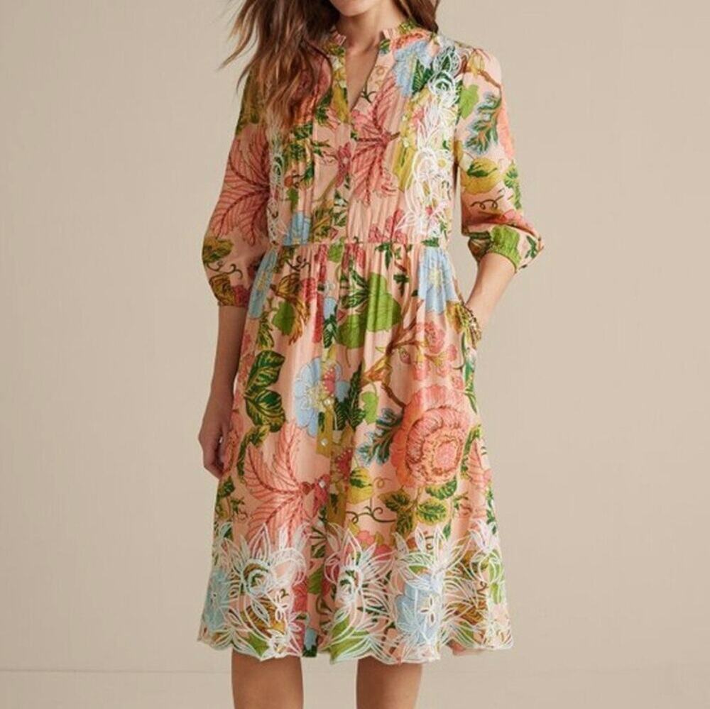 Soft Surroundings Bellicia Floral Embroidered Midi Dress Pink Cottagecore Large